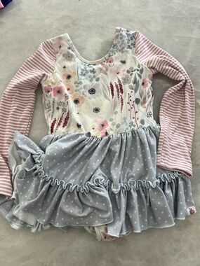 Cheeky Plum cute floral striped long sleeve skirted leotard, girls 6